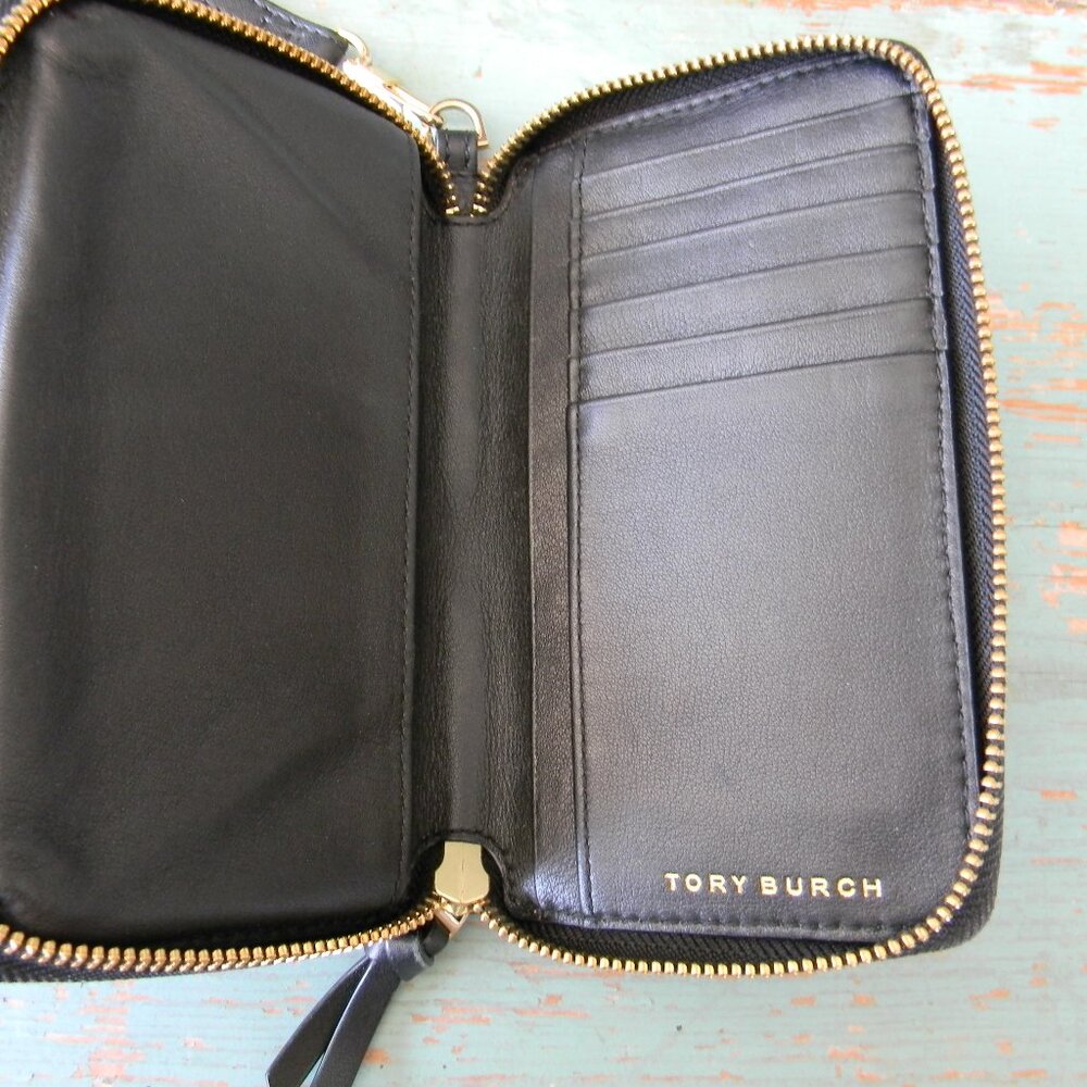 Tory Burch Black Leather Wristlet Clutch with Gold Logo - Picture 6 of 6